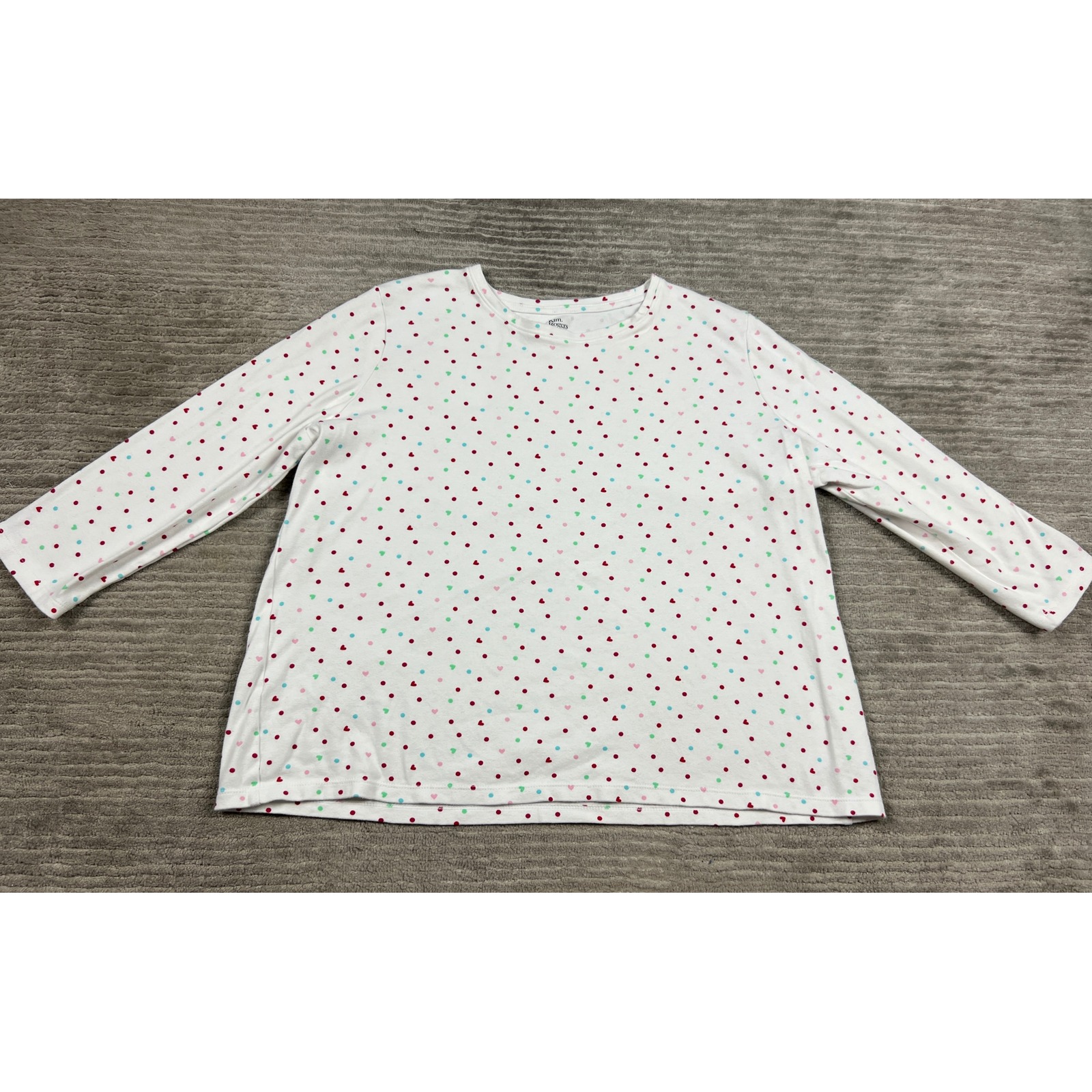 Kim Rogers Shirt Womens L White Heart Polka Dot Print 3/4 Sleeve Cotton Tee Top